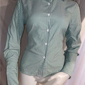 Green Striped Women's Button-Up, Open- back Shirt